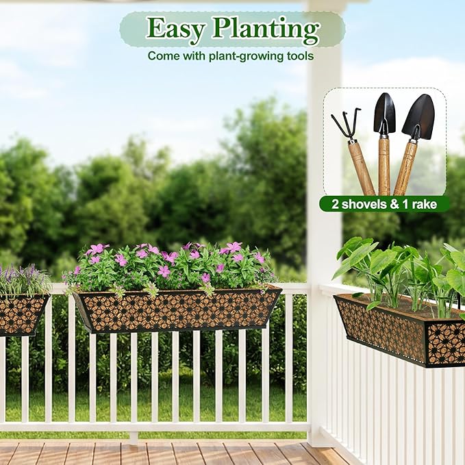 SPECILITE 30" Window Boxes Planters, Heavy Duty Metal Railing Planter Boxes, Adjustable Balcony Planters for Railing Hanging, with Coco Liner & Tool Set for Deck, Porch, and Patio Gardening (2 Pack)