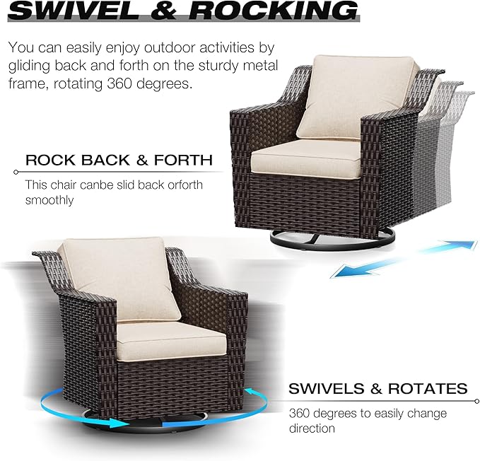 Joyside Wicker Patio Furniture Sets, 10 Pieces Upgraded Large Size Outdoor Furniture with 4 Swivel Rocking Patio Chairs, 3-Seat Sofa, Outdoor Ottoman, Thick Cushions, Wide Armrest, Beige