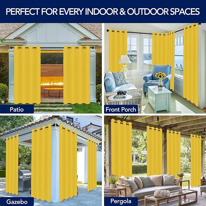PureFit Outdoor Curtains for Patio Waterproof Weatherproof, UV Resistant Outside Curtains for Gazebo, Front Porch, Pergola, Sun Blocking Privacy Curtain, 52W x 120L inch, 1 Panel, Yellow
