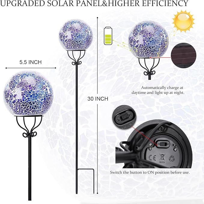 VCUTEKA Solar Outdoor Lights Garden Decor Mosaic Solar Garden Lights Waterproof Glass Ball LED Pathway Stake Light for Landscape Lawn Patio Yard Decoration 6 inch, Blue