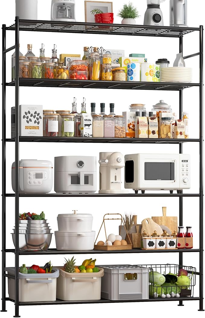 Storage Shelves - 6 Tier Shelf Organizer, Heavy Duty Garage Shelving Unit with Leveling Feet, Stable Metal Shelves Organizer for Pantry, Kitchen and Closet, 46.3" W x 12.6" D x 76.1" H, Black