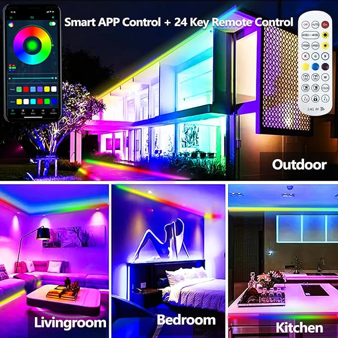 65.6FT Outdoor LED Strip Light Waterproof,IP68 Outside RGB+IC Light Strip with App/Remote Control,Chase Mode,Music Sync Rope Light for Balcony,Deck,Rooftop,Garden,Pool