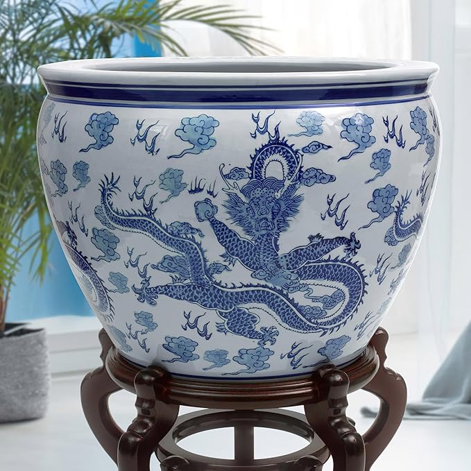 16" Dragon Blue & White Porcelain Fishbowl