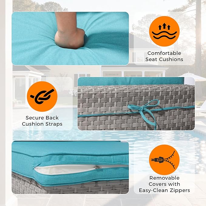 8-Seat Outdoor Wicker Patio Furniture Set with Fire Pit Table, Modular Rattan Sectional Sofa & 2 Swivel Rocking Chairs, 4" Thick Cushions, Rust-Resistant Frame,Blue