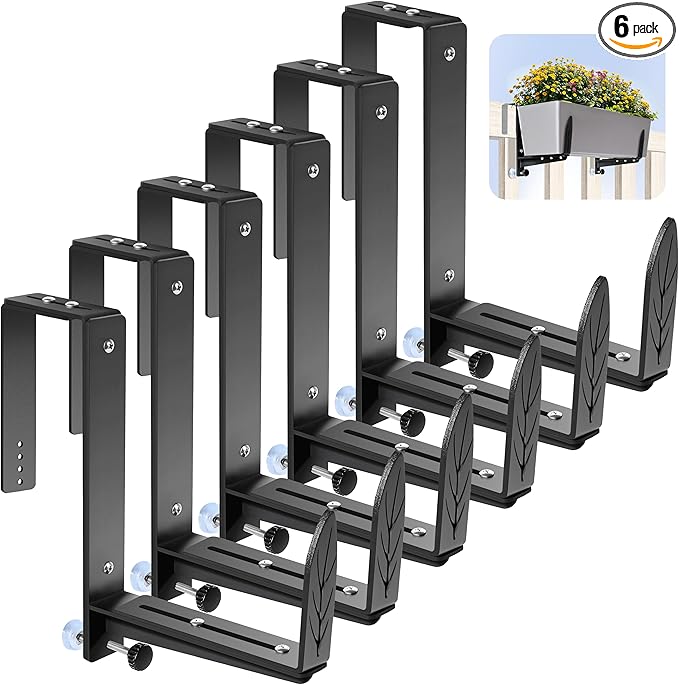 Window Box Brackets, Adjustable Planter Box Brackets, Heavy Duty Iron Flower Box Bracket for Deck Railing with Upgraded Bottom Support - Ideal for Balconies, Fences, and Gardens (6 Pack)