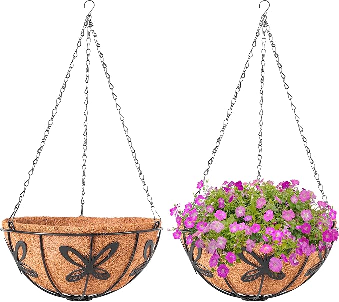 Hanging Baskets Planter for Plants, 2 Pack 12 Inch Round Metal Wire Hanging Flower Pots with Coco Coir Liner Chain, Plant Holder for Home Garden Balcony Decor
