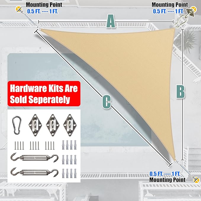 Amgo Custom Size 20' x 22' x 29.7' Beige Right Triangle Sun Shade Sail UPF50+ AGTAPRT12, Order to Make Canopy Awning, 95% UV Blockage, Water & Air Permeable, Commercial Standard (We Customize)