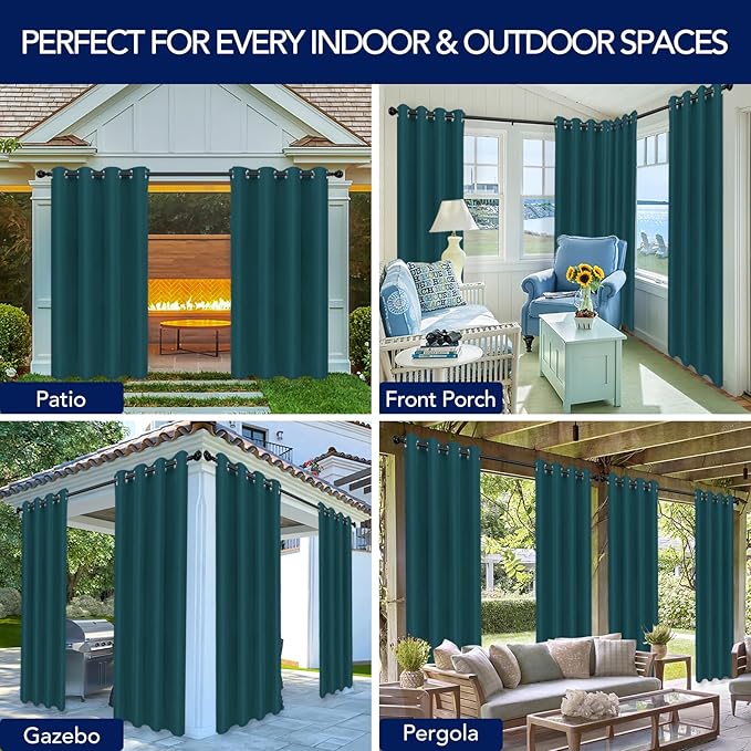 PureFit Outdoor Curtains for Patio Waterproof Weatherproof, UV and Fade Resistant Outside Curtains for Gazebo, Front Porch, Pergola, Sun Blocking Privacy Curtain, 52W x 84L inch, 1 Panel, Teal
