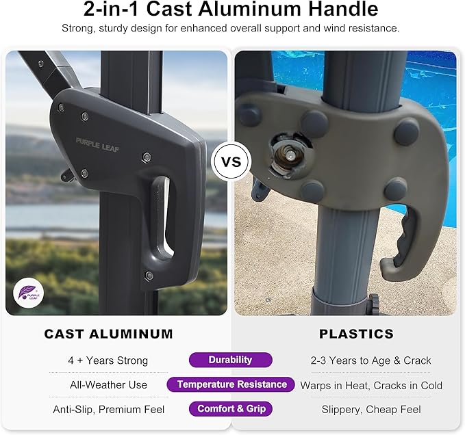 PURPLE LEAF Patio Umbrella 8' X 8' Rectangle Cantilever Umbrella Large Aluminum Outdoor Umbrellas with 360-degree Rotation & UPF40+ Premium Fabric for Deck Pool Garden Yard, Pebble Grey