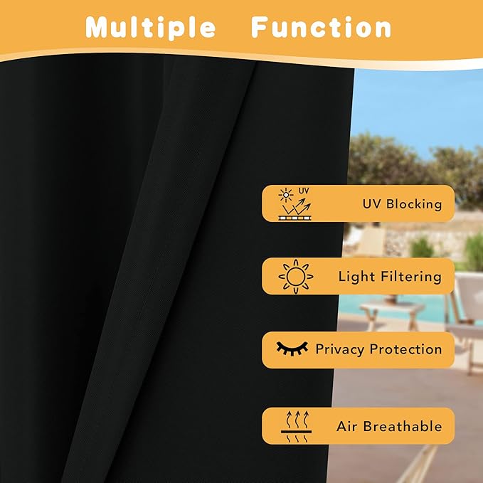 HolidayIdeas Extra Wide Outdoor Curtains for Patio Waterproof, 2 Panels - 110 x 84 Inch - Privacy & Light Filtering Curtains Grommet Outside Curtains for Porch, Gazebo, Pergola, Backyard (Black)