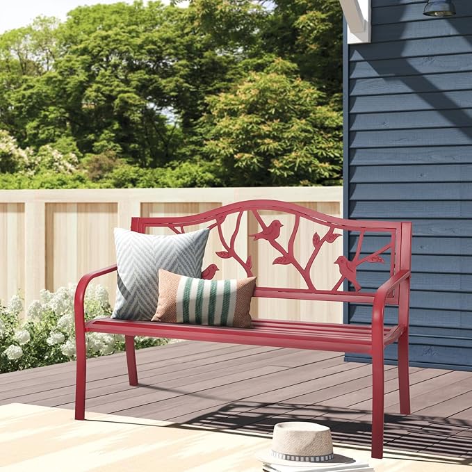 Sophia & William Outdoor Patio Metal Park Bench Red, Steel Frame Bench with Backrest and Armrests for Porch, Patio, Garden, Lawn, Balcony, Backyard and Indoor, 50.4”Wx23.5”D x35.0”H