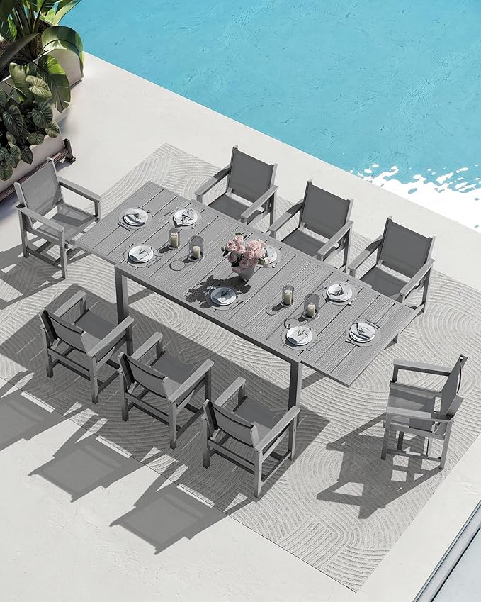 SERWALL 7-Piece Patio Dining Sets, 60" - 83" Expandable Outdoor Dining Table with 6 Breathable Textilene Chairs, All Weather HDPE Patio Furniture Set for Backyard, Garden, Grey