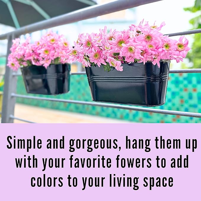 LaLaGreen Outdoor Plants Rail Planter (16 Inch, 2 Pack) Black Metal Iron Hanging Flower Oval Pots Railings Fence Buckets Modern Boho Style Wall Mount Window Boxes Plant Holder Hooks Porch Home Decor