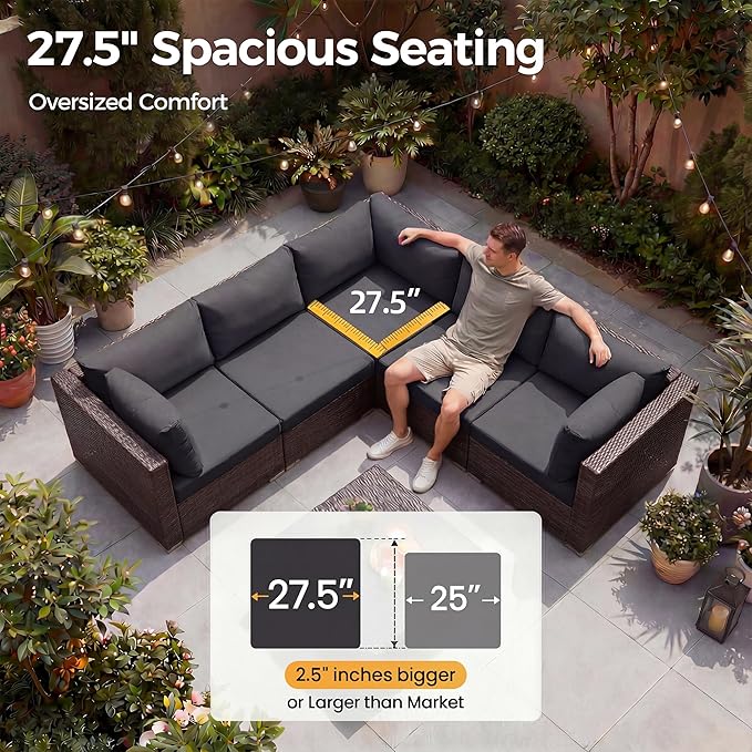 NICESOUL 8 Seat Extra Large Patio Furniture Set with Firepit Table Natural Gas/Propane, 29.3'' High-Back Luxury Outdoor Sectional Conversation Sets for 6 People, Brown Rattan and Dark Grey Cushion