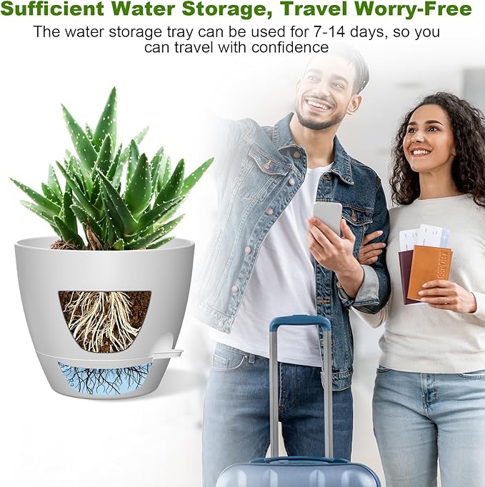 12 Inch Large Self Watering Pots, Flower Pots with Multi-Mesh Drainage Holes and Saucer, Planters for Indoor and Outdoor Garden Plants (White)