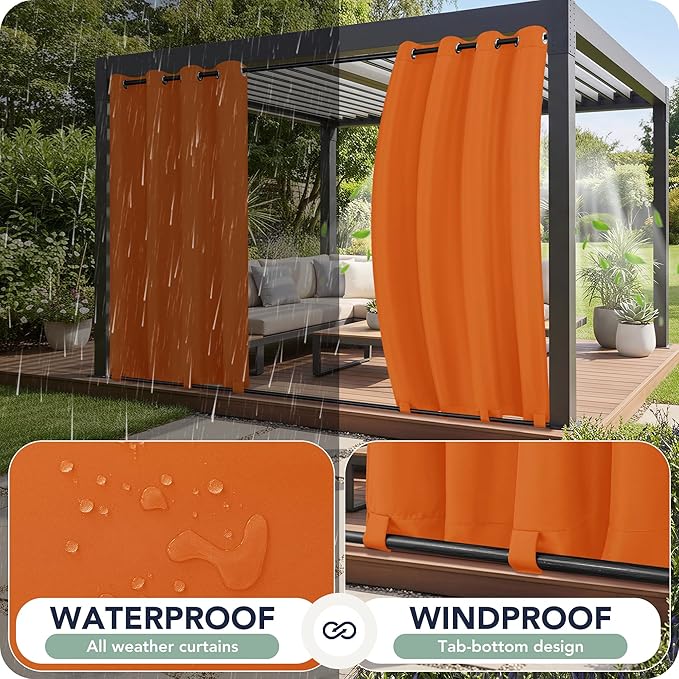 Outdoor Curtains for Patio Waterproof 6 Panels - Windproof, Privacy, Weatherproof Outside Drapes for Gazebo Pergola Porch, Grommet Top and Tab Bottom, 54x84 Inch, Mecca Orange