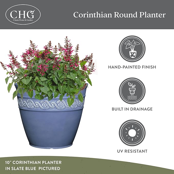 Classic Home and Garden Corinthian Resin Flower Pot Planter, Slate Blue, 8"