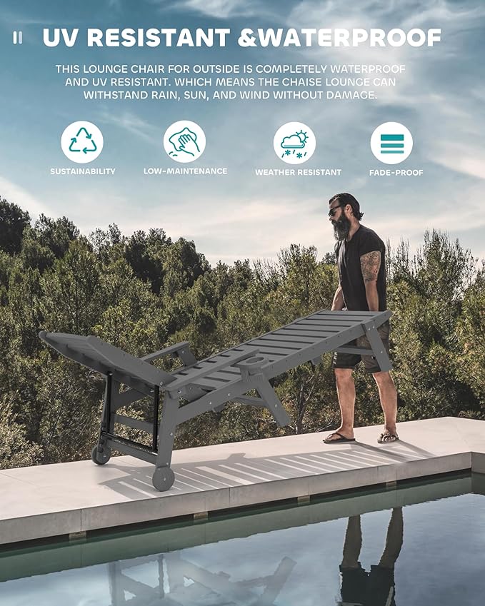 SERWALL Patio Chaise Lounge Chair Set of 6, 5 Positions Adjustable Poly Outdoor Lounger for Pool, HDPE Lounge Chair with Rolling Wheels & Cup Holder for Poolside, Deck, Slate Gray