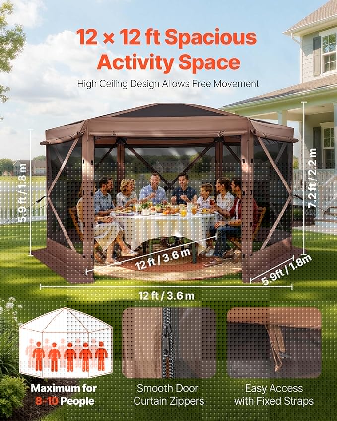 VEVOR Pop up Gazebo Screen Tent, 12 x 12 ft Large 6-Sided Camping Canopy Tent with Removable Top & Carry Bag, Quick-Set & Bite-Proof, Screen House Sun Shelter for 8-10 Persons Backyard Patio, Brown