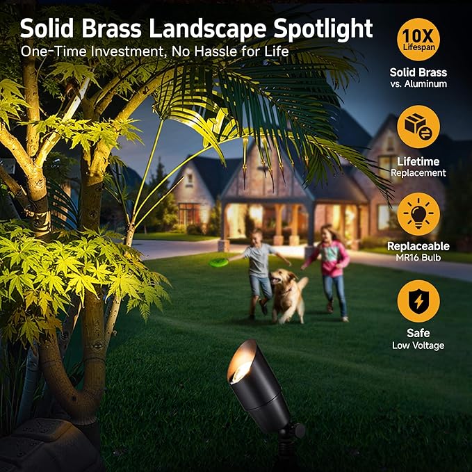 Gardenreet Brass Landscape Lighting - Black Outdoor Low Voltage Spotlights LED, 12V Wired Uplights, Waterproof Spot Lights for Outside Trees with 5W 4000K Natural White MR16 Bulb (4 Pack)