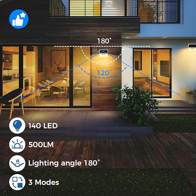 Peasur Solar Lights Outdoor Motion Sensor Waterproof, 3Pack 140LED White Solar Powered Fence Lights, 3 Modes Security Wall Lights for Garden Yard Outside Warm