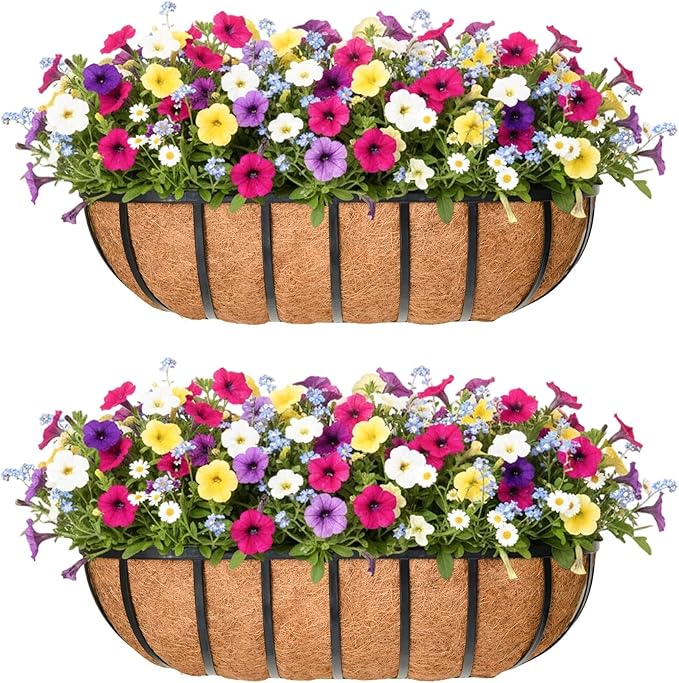 16'' Window Box Railing Planter with Coco Liner,2 Pack Horse Trough Planters Black Metal Hanging Flower Planters Basket for Porch Fence Patio Indoor Outdoor Lawn