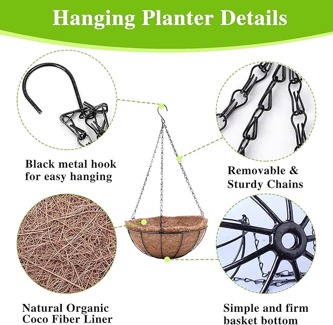 4 Pack Hanging Planter Basket with Coco Coin Liner 8 inch Hanging Flower Pots Outdoor Decorative Round Wire Plant Holder with Chain Metal Hanging Baskets for Plants Outdoor