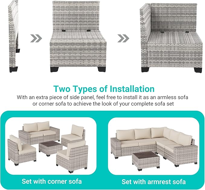 13-Piece Outdoor Patio Furniture Set with Rocking Swivel Chair, PE Wicker Rattan Sectional Sofa Patio Conversation Set with 55,000 BTU Fire Pit Table & Coffee Table, White