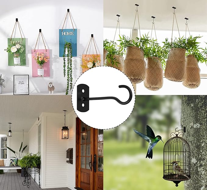 8Pcs Hanging Plant Bracket 6inch Metal Plant Hook Shepherds Hook Decorative Wall Plant Hanger for Hanging Lanterns, Bird Feeder, Flower Basket, Home Decor Indoor & Outdoor Black