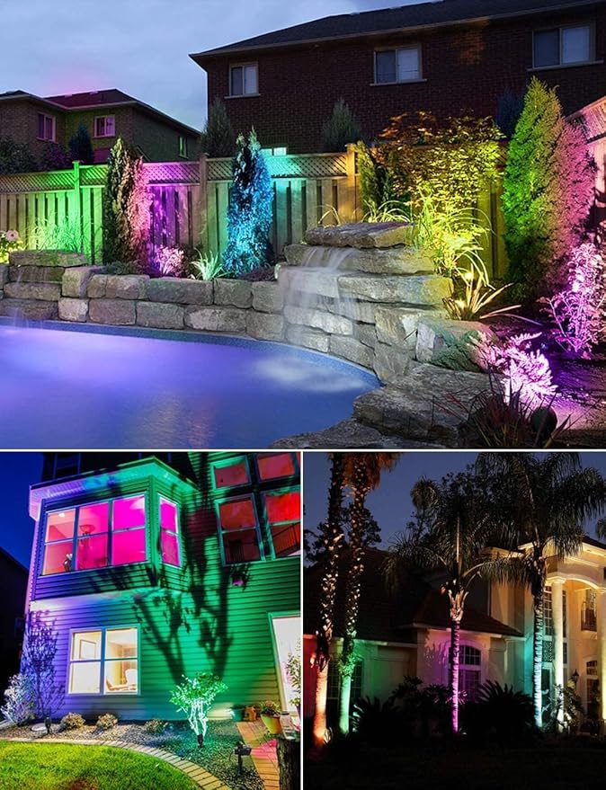 SUNVIE 12W Christmas Low Voltage Landscape Lighting RGB Color Changing LED Landscape Lights Remote Control Waterproof Garden Patio Spotlight Decoration for Outdoor Indoor(10 Pack with Connector)