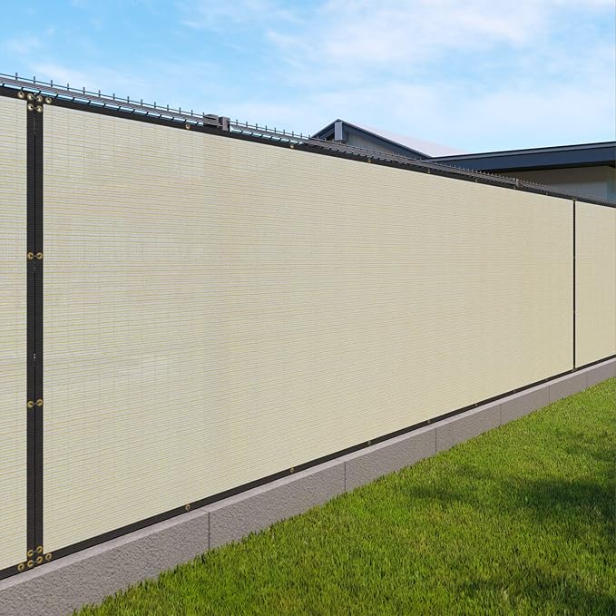 Windscreen4less Privacy Fence Screen Heavy Duty Windscreen Fencing Mesh Fabric Shade Net Cover with Brass Grommtes for Outdoor Wall Garden Yard Pool Deck, 6'x109' Beige