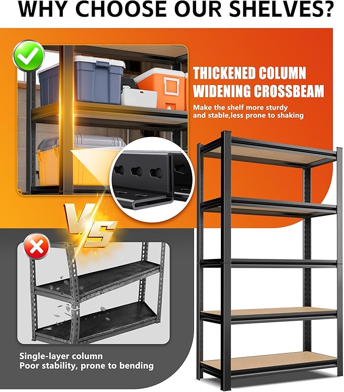 AOAORRG Garage Shelving Heavy Duty Storage Shelves, Metal Adjustable Shelving Unit, Utility Garage Organizer Shelf for Basement, Pantry, Kitchen, Warehouse, 33.5" Wx15.7 Dx35.4 H, Black