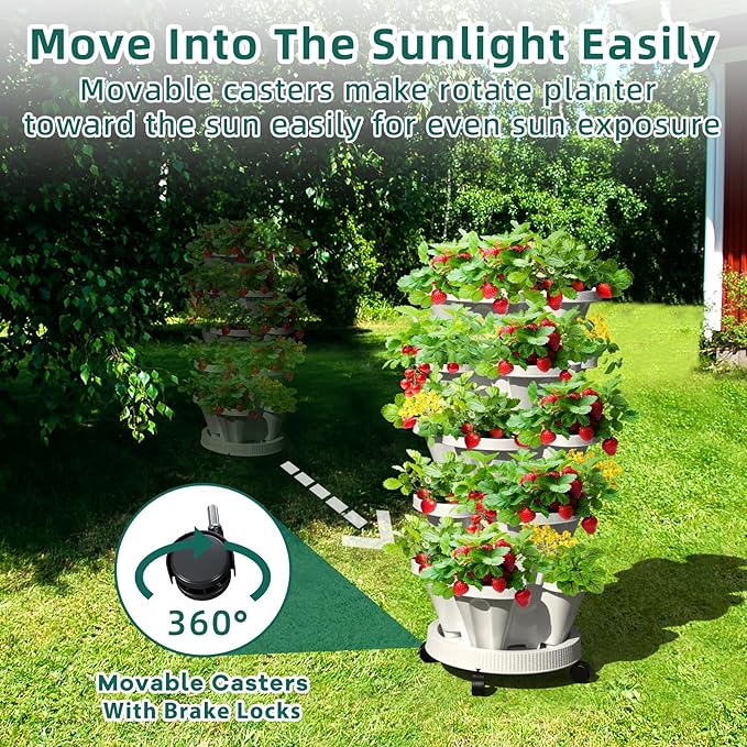 Strawberry Vertical Planters, 7 Tiered Stacking Tower Garden with Support Pole, Stackable Herb Vegetable Planters Indoor and Outdoor - Black