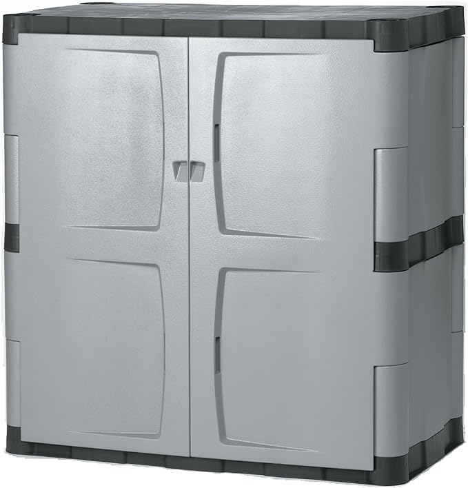 Rubbermaid Freestanding Storage Cabinet with Doors 18"D x 36"W x 37"H Medium Gray/Black Two-Shelf Lockable Cabinet for Indoor/Outdoor/Garage Storage for Garden Tools/Lawn Care Accessories