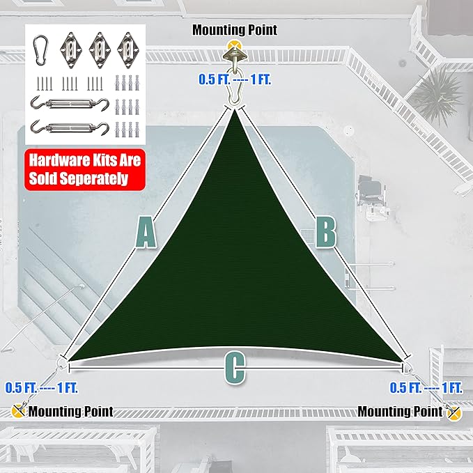 Amgo Custom Size 24' x 24' x 24' Green Triangle Sun Shade Sail UPF50+ AGTAPRT12, Order to Make Canopy Awning, 95% UV Blockage, Water & Air Permeable, Commercial Standard (We Customize)