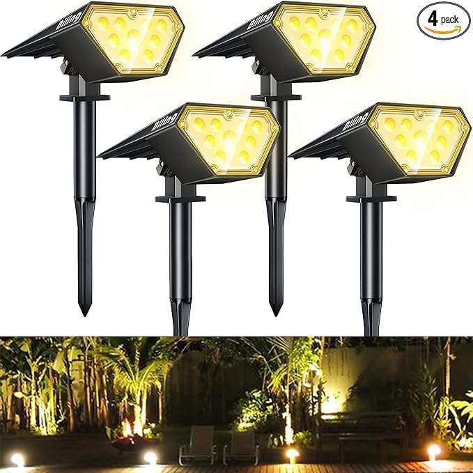 Biling Solar Spot Lights Outdoor, Bright 700 Lumen Solar Outdoor Lights IP67 Waterproof Adjustable Landscape Spotlights for House Tree Patio Pathway Yard Garden Driveway - Warm White(4 Pack)