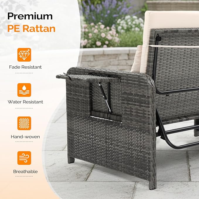 VINGLI Patio Daybed, Wicker Outdoor Daybed with Storage Ottoman & 5-Level Adjustable Backrest, All-Weather Rattan Cushioned Patio Loveseat Sofa for Garden Balcony Backyard (Beige, Gray)