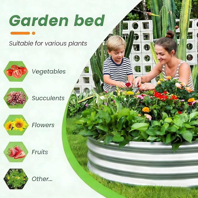 Round Galvanized Raised Garden Bed Kit, Round Galvanized Planter for Vegetables/Herbs/Flowers Heavy-Duty Steel Outdoor Water Trough (Silver, 4X4X1FT)