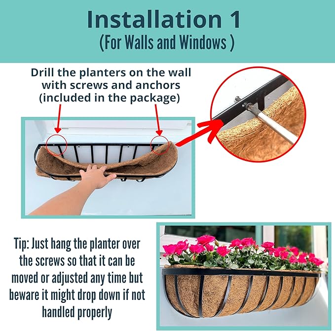 LaLaGreen Deck Railing Planter Box - 2 Pack, 36 Inch Large Wall Planters for Outdoor Plants, Window Flower Boxes Attach House with Coco Liners Metal Horse Troughs Fence Balcony Patio Porch Over Rail