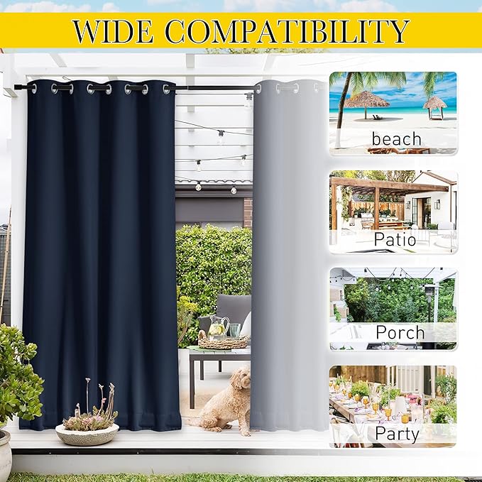 NICETOWN 2 Panels Gazebo Curtains Outdoor Waterproof & Windproof, Top and Bottom Grommet with Back Tab Wind-Break Outdoor Dividers Blackout Blinds with Fixed Rope for Patio, W52 x L95, Navy Blue