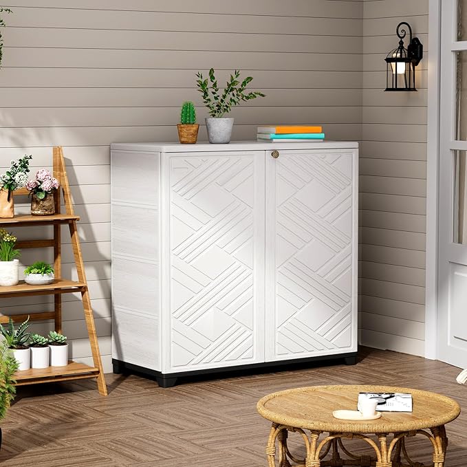 ZZM Indoor/Outdoor Storage Cabinet Waterproof, 34"x15"x34" Plastic Outdoor Storage Box for Garden Balcony Bathroom, All Weather Outdoor Storage Clearance, DIY Usage, with No Shelf (White)