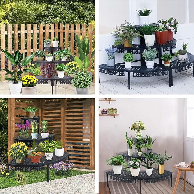 aboxoo 3 Tier Plant Stand Flower Pot Rack, Metal Stair-Step Style Corner Shelf Planters, Quarter Round Display Holder for Indoor Outdoor Use(Black, Semicircle)