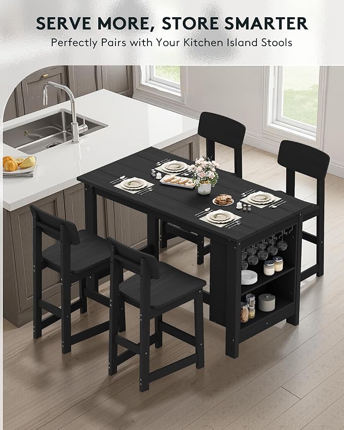 SERWALL Outdoor Bar Table and Chairs Set, 5-Piece HDPE Counter Height Patio Dining Sets with Storage and Wine Rack, Rectangular High Top Bar Table with 4 Bar Stools for Garden, Backyard, Black