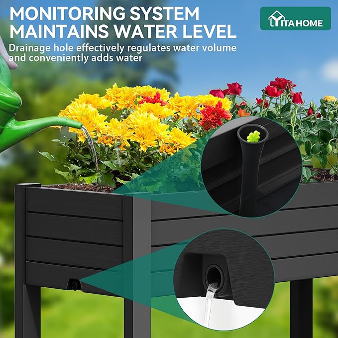 YITAHOME 3.6x1.5x2.8 FT Elevated Garden Bed Kit with Legs and Wheels, Outdoor Large Resin Planter Box Stand with Drain Plug and Storage Shelf for Plants Vegetables Fruits, Black