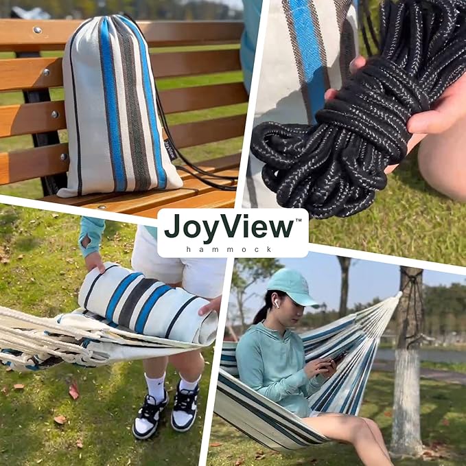 JoyView Brazilian Double Hammock with Hanging Ropes Extra Large 86.6x59” Portable Cotton Hammock for Patio Backyard Porch 450LBS Weight Capacity Perfect for Outdoor/Indoor - Natural White