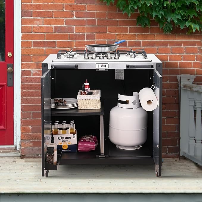 Gas Grill, Movable Outdoor Gas Stove Stainless Steel Top with Cabinet, 5 Burners with 36,200 BTUs, Outdoor Propane Grill for Outdoor Cooking, Ideal for Lawn & Garden, L35.4 x W24