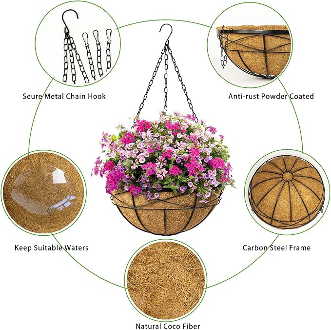 4 Pack 16 Inch Hanging Planters for Outdoor Plants Metal Wire Flower Baskets with Coco Liner & Plastic Saucer Large Deep Hanging Plant Pots for Porch Balcony Garden Décor