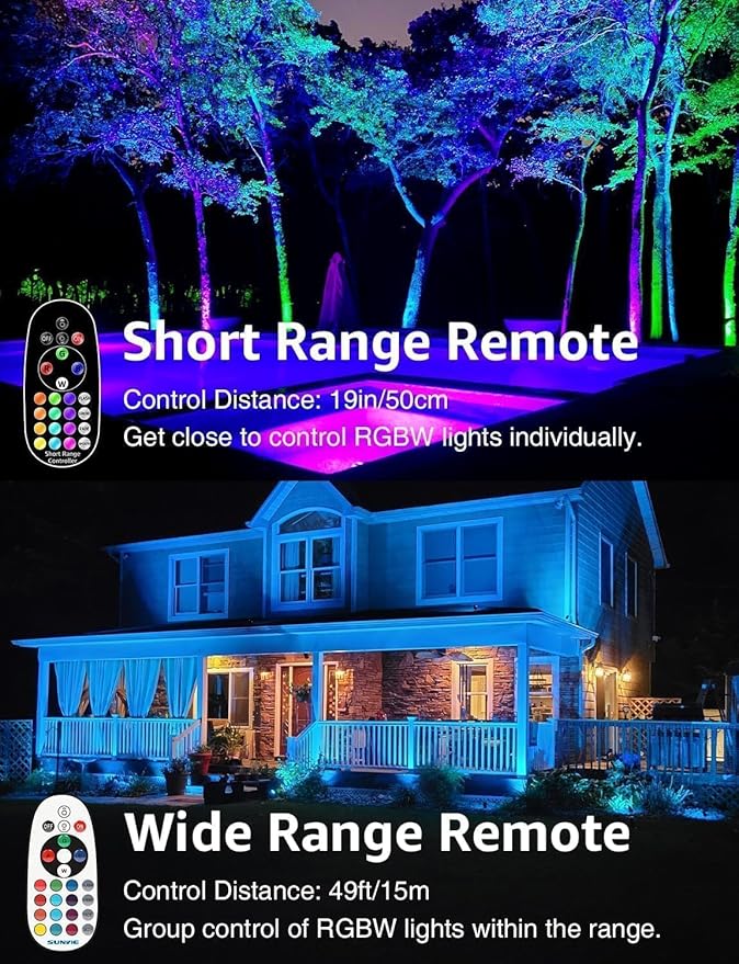 SUNVIE 12W Christmas Low Voltage Landscape Lighting RGB Color Changing LED Landscape Lights Remote Control Waterproof Garden Patio Spotlight Decoration for Outdoor Indoor(10 Pack with Connector)