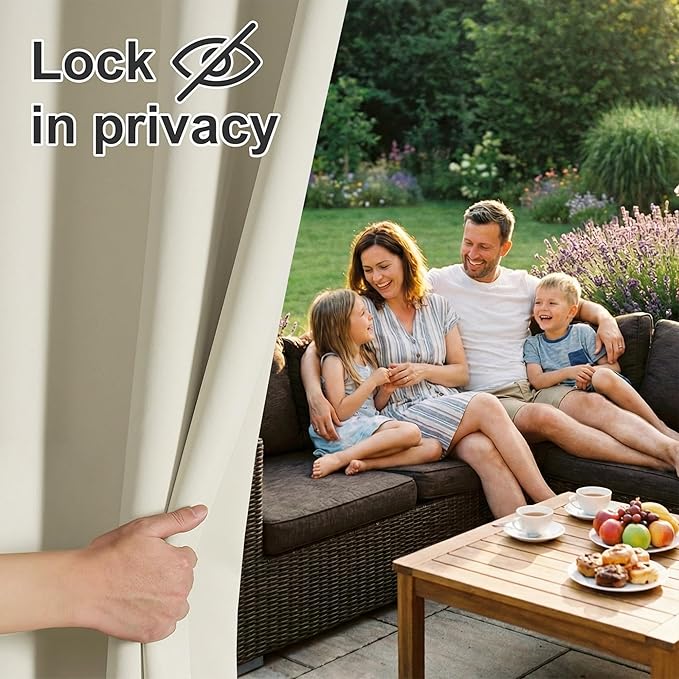 RYB HOME Outdoor Curtains for Patio Waterproof Block Sunlight Thermal Insulated Privacy Assured Thick Outside Curtains for Pergola, Deck, Gazebo, W52" x L108", Beige, 1 Panel