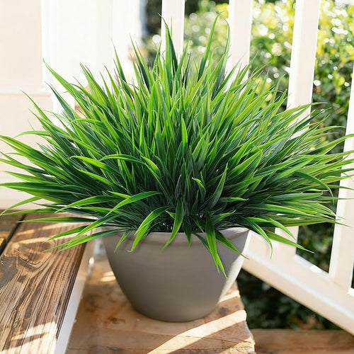 12Pcs Artificial Plants Outdoor Fake Plastic Grass Spring Decoration UV Resistant Faux Greenery Stems Bushes Outside Fake Plants for Planters Patio Porch Window Box Pathway Garden Home Decor, Green